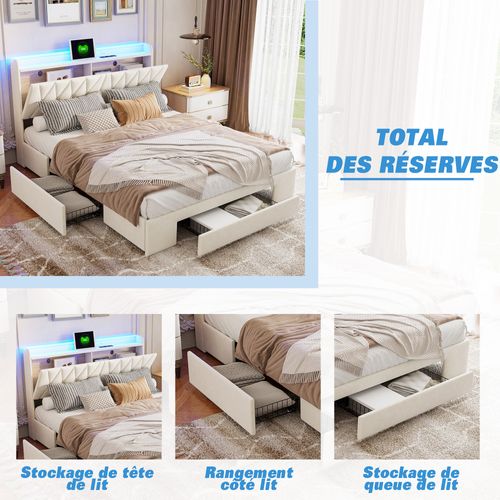 Lit 140 X 200 Avec Sommier LED Et USB, Lit Double, Tête De Lit Avec Rangement, Velours, Beige