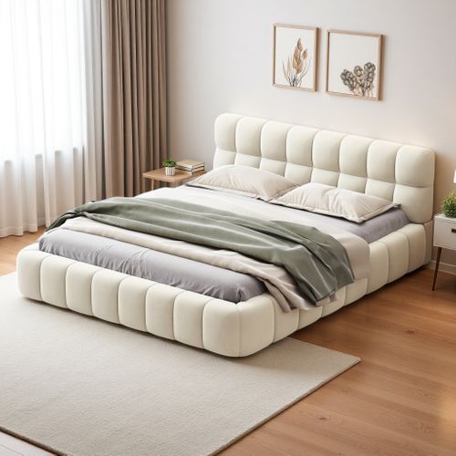 Lit Bubble 160 X 200 Cm Avec Sommier à Lattes Et Dossier, Lit Double Rembourré, Lin, Beige