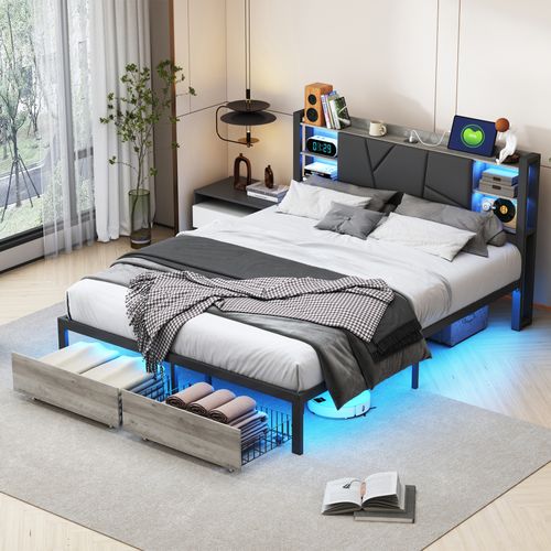 Lit Double En Métal 140 X 200 Cm Avec LED Et USB, Avec Rangement, Sommier à Lattes, Noir