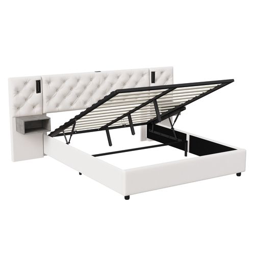 Lit Coffre 160 X 200 Cm Avec Sommier LED Et USB, Sommier à Lattes, Velours, Blanc