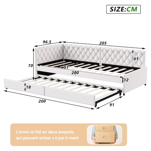 Lit Gigogne 90/180x200 Cm - Avec Sommiers à Lattes En Tissu Velours - Beige