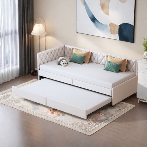 Lit Gigogne 90/180x200 Cm - Avec Sommiers à Lattes En Tissu Velours - Beige