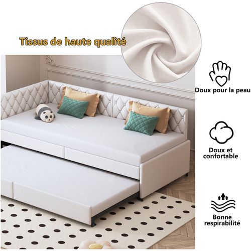 Lit Gigogne 90/180x200 Cm - Avec Sommiers à Lattes En Tissu Velours - Beige