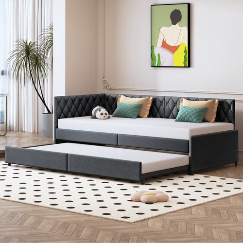 Lit Gigogne 90/180x200 Cm - Avec Sommiers à Lattes En Tissu Velours - Gris