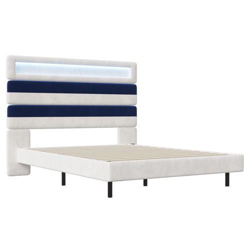 Lit 140 X 190 Cm Avec LED, Lits Double Rembourré Avec 2 USB, Avec Sommier à Lattes, Blanc