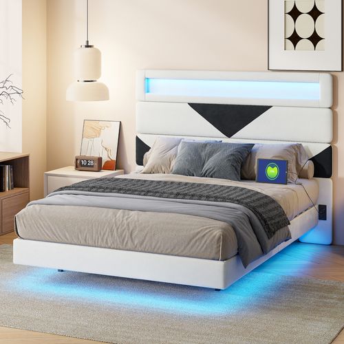 Lit 140 X 190 Cm Design Flottant Avec LED - USB, Cadre De Lit Double Avec Sommier , Velours, Blanc