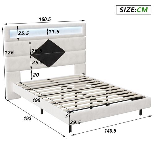 Lit Double Rembourré 140x190 Cm, Lits 2 Personnes Avec LED Et USB, Avec Sommier à Lattes, Blanc