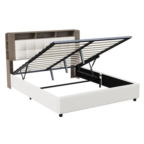 Lit Coffre 160x200 Avec LED Et Fonction De Chargement Sans Fil, Avec Rangement, Velours, Blanc