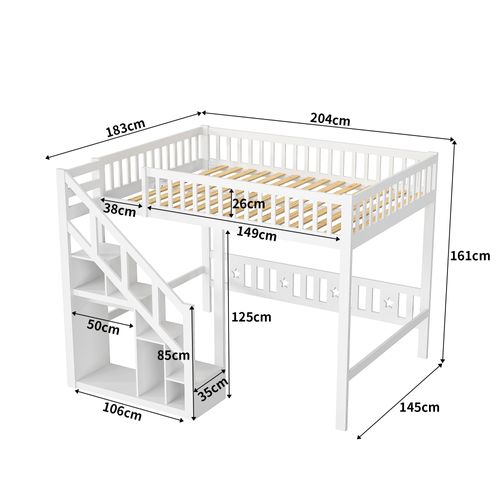 Lit Mezzanine 140 X 200 Cm, Multifonctionnel Lit Mezzanine Enfant Avec Escaliers Et Rangement, Blanc