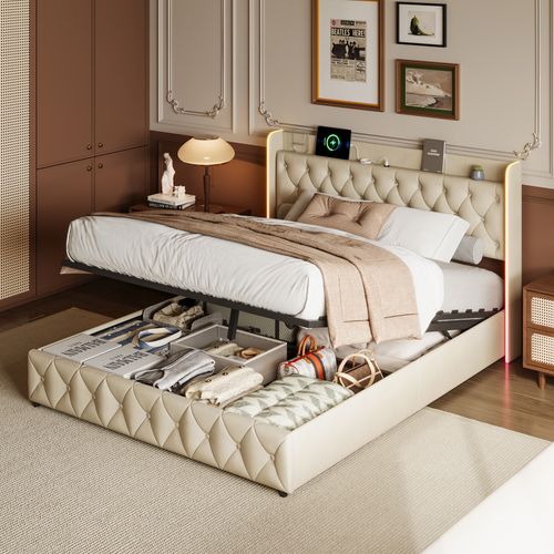 Lit Coffre 160x200 Cm Avec Sommier à Lattes,tête De Lit Avec Port USB De Type C, LED, Velours, Beige