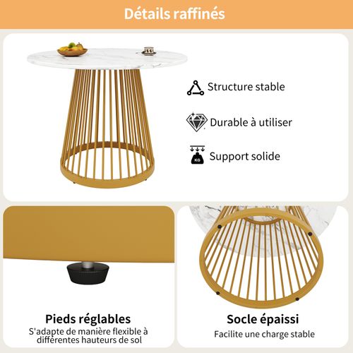 Table Ronde 4 Places 80×80×76 Cm, Plateau Mdf Marbré, Pieds Métal Doré, Idéale Cuisine Ou Salon