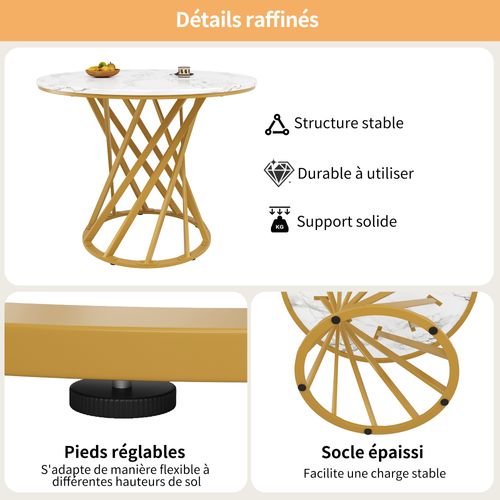 Table Ronde Cuisine Ou Salon 80×80 Cm, 4 Personnes, Plateau Mdf Marbré, Pieds Dorés, Blanc