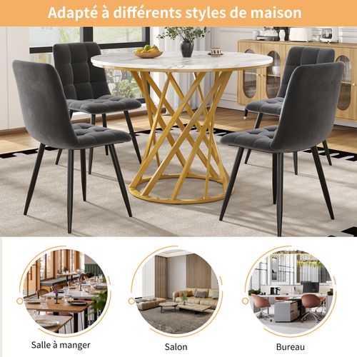 Table Ronde Cuisine Ou Salon 80×80 Cm, 4 Personnes, Plateau Mdf Marbré, Pieds Dorés, Blanc