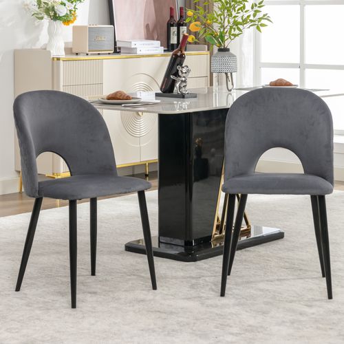 Lot 2 Chaises Salle à Manger, Velours Gris, Dossier Diamant, Pieds Métalliques Réglables