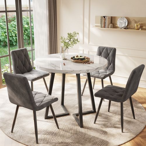 Table Ronde 1 Pièce, Marbre Blanc, Structure Métallique Noire, Idéale Pour Cuisine Et Salon