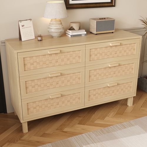 Buffet En Bois Avec 6 Tiroirs En Rotin, Rangement Pour Salon, Chambre Et Salle à Manger, 120x75x40cm