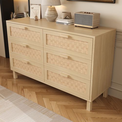 Buffet En Bois Avec 6 Tiroirs En Rotin, Rangement Pour Salon, Chambre Et Salle à Manger, 120x75x40cm