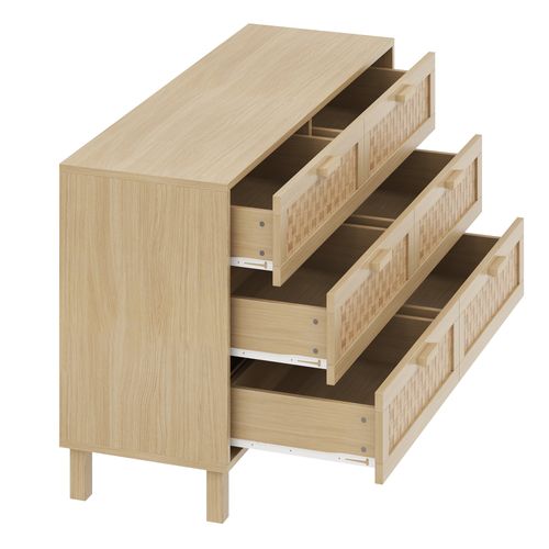 Buffet En Bois Avec 6 Tiroirs En Rotin, Rangement Pour Salon, Chambre Et Salle à Manger, 120x75x40cm
