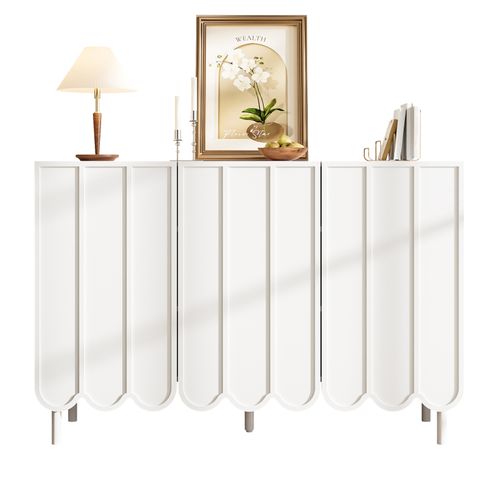 Buffet Moderne En Bois Avec Portes Ondulées – 120x35x80 Cm – Pour Salon, Couloir Et Salle, Blanc