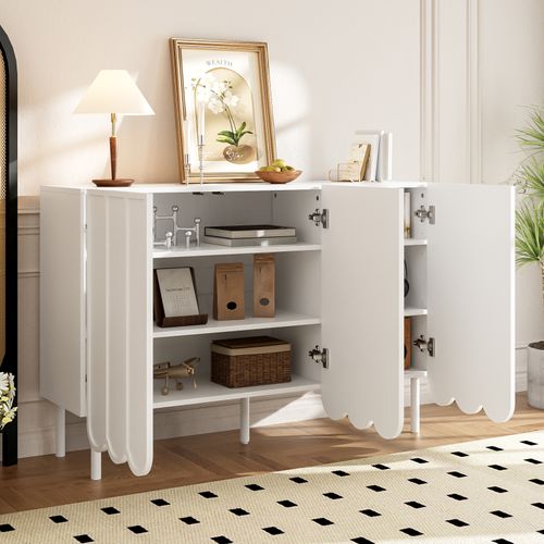 Buffet Moderne En Bois Avec Portes Ondulées – 120x35x80 Cm – Pour Salon, Couloir Et Salle, Blanc