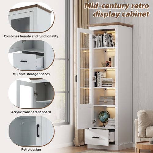 Vitrine En Verre, Vitrine LED Blanche Mate, Avec USB, Armoire Haute Avec Tiroir, 50 * 35 * 178 Cm