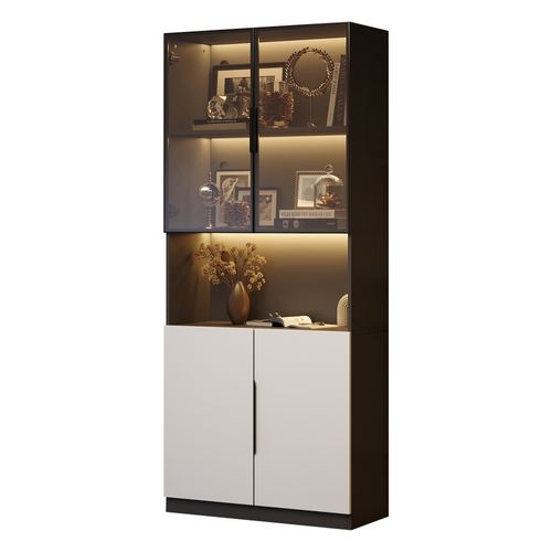 Vitrine En Verre Trempé Avec 4 Portes Et Compartiments Réglables - 80x30x200cm - Avec LED - Noir