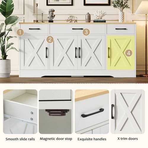 Buffet, 140 Cm Meuble Cuisine, Buffet Salle à Manger Avec Rangement, Pour Salon, Cuisine, Blanc