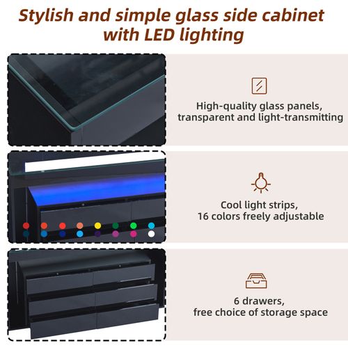 Buffet De Salon à 6 Tiroirs Avec LED Et Plateau En Verre Trempé Pour Salon, Salle à Manger, Noir