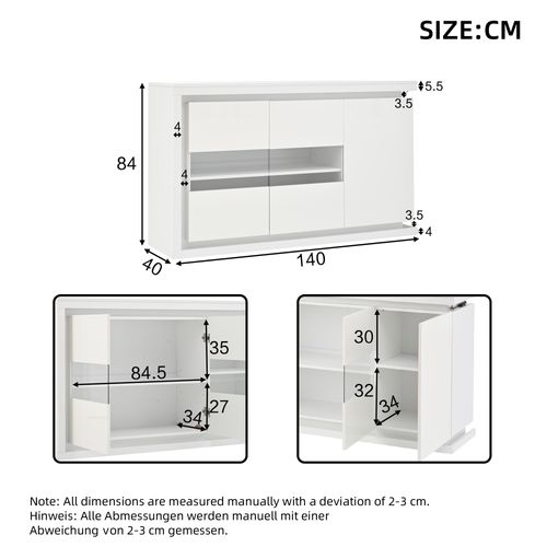 Buffet Moderne 140x40x84 Cm Avec Éclairage LED, Portes En Verre Trempé, Meuble Haut Brillant, Blanc