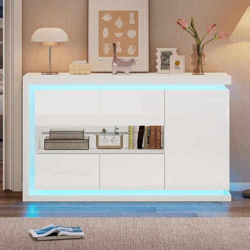 Buffet Moderne 140x40x84 Cm Avec Éclairage LED, Portes En Verre Trempé, Meuble Haut Brillant, Blanc