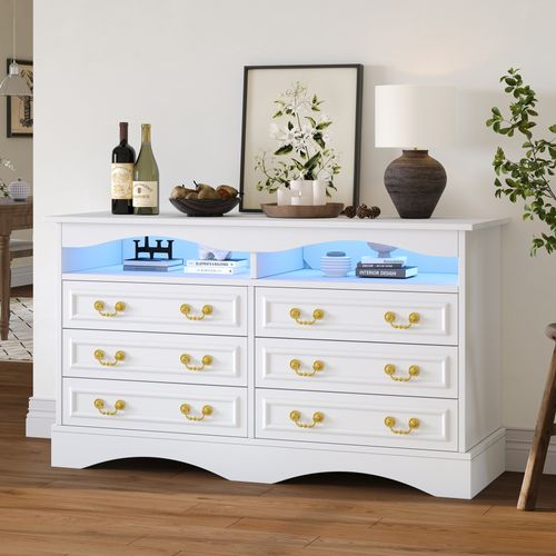 Buffet Moderne 120x40x70cm Avec 6 Compartiments Et LED, Sideboard Blanc à Espace De Rangement Ouvert