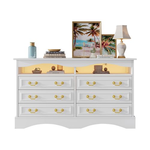 Buffet Moderne 120x40x70cm Avec 6 Compartiments Et LED, Sideboard Blanc à Espace De Rangement Ouvert