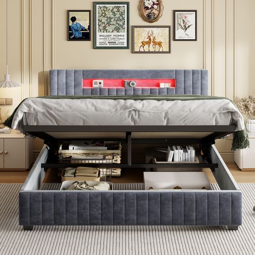 Lit Double 160x200 Cm Avec Coffre De Rangement Hydraulique – Velours Capitonné Gris, Éclairage LED