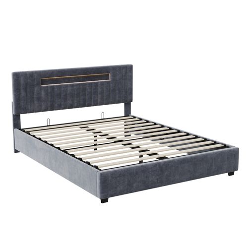 Lit Double 160x200 Cm Avec Coffre De Rangement Hydraulique – Velours Capitonné Gris, Éclairage LED