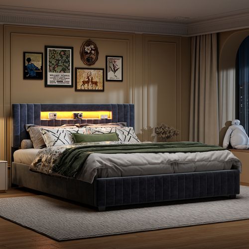 Lit Double 140x200 Cm Avec Coffre De Rangement Hydraulique – Velours Capitonné Gris, Éclairage LED