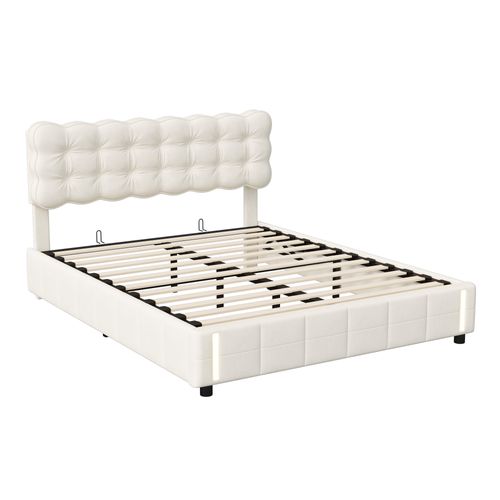 Lit 140x200cm Avec Lumière LED à Capteur Automatique,lits Capitonné Avec Rangement,velours,beige