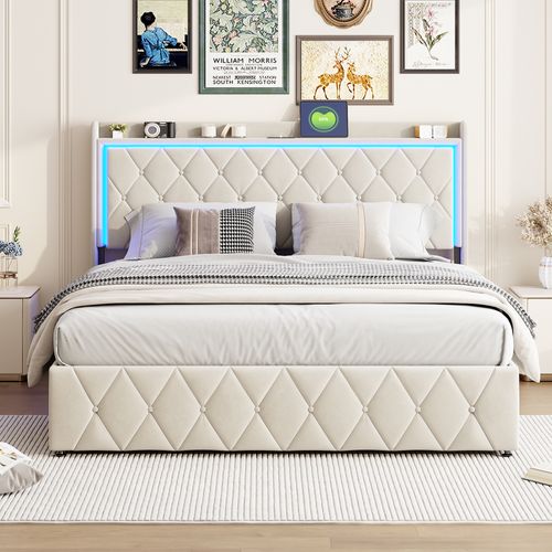Lit Coffre 140x200 Cm Avec Sommier à Lattes, Tête De Lit Avec Port USB De Type C, LED, Velours,beige