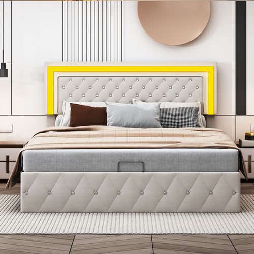 Lit Coffre 160x200cm Avec LED Et Rangement,lit 2 Personnes Avec Tête De Lit Réglable,velours,beige