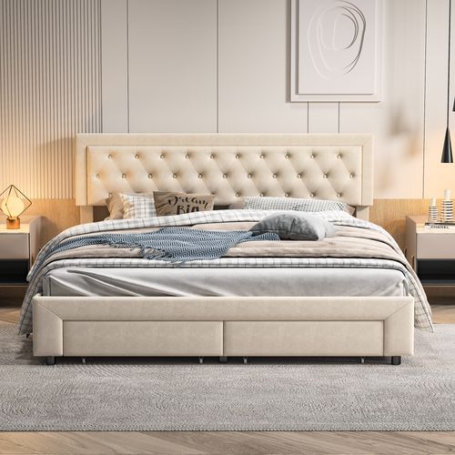 Lit Coffre 160x200 Cm Avec 2 Tiroirs, Lit Double Avec Sommier à Lattes Et Tête De Lit, Velours,beige