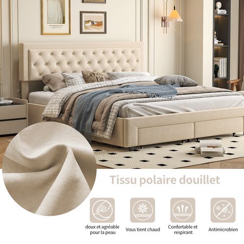 Lit Coffre 160x200 Cm Avec 2 Tiroirs, Lit Double Avec Sommier à Lattes Et Tête De Lit, Velours,beige