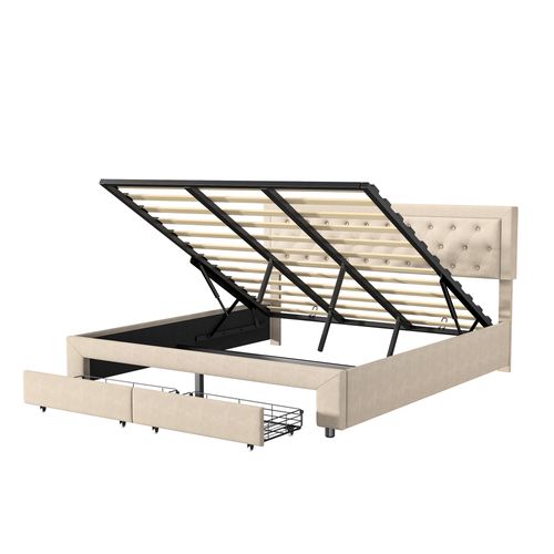 Lit Coffre 160x200 Cm Avec 2 Tiroirs, Lit Double Avec Sommier à Lattes Et Tête De Lit, Velours,beige