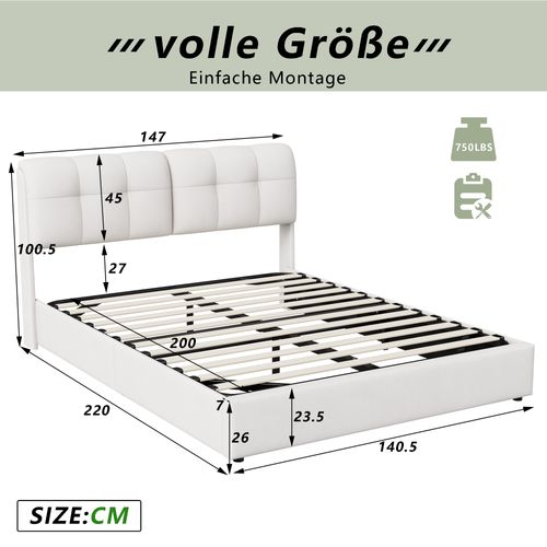 Lit Double 160 X 200 Cm, Hydraulique, LED, Lit De Rangement, Dossier Et Cadre De Lit, Velours, Beige