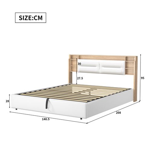 Lit Rembourré, 160 X 200 Cm, Avec LED Et Chargement USB, Lit Double, Espace De Rangement, Pu, Blanc