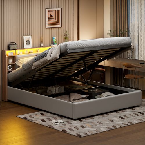 Lit Rembourré, 160 X 200 Cm, Avec LED Et Chargement USB, Lit Double, Espace De Rangement, Pu, Blanc