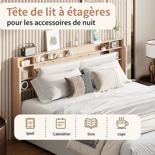 Lit Rembourré, 160 X 200 Cm, Avec LED Et Chargement USB, Lit Double, Espace De Rangement, Pu, Blanc