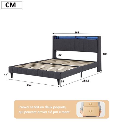 Lit Double Avec Rangement, Avec LED, Fonction De Charge, Lin, Gris 160x200 Cm