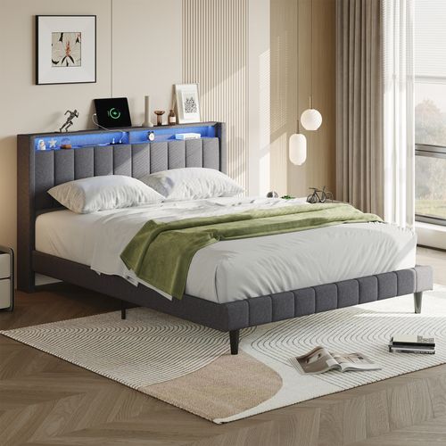 Lit Double Avec Rangement, Avec LED, Fonction De Charge, Lin, Gris 160x200 Cm