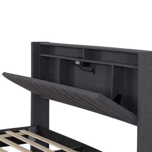 Lit Double Avec Rangement, Avec LED, Fonction De Charge, Lin, Gris 160x200 Cm