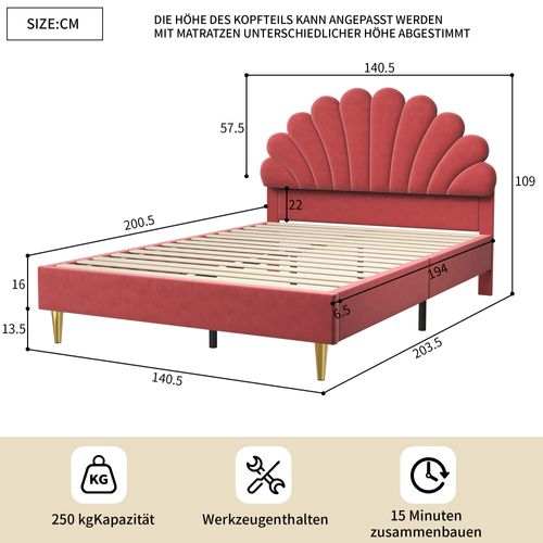 Lit Rembourré 140 X 200 Cm, Lit Double Avec Tête De Lit à Pétales Et Sommier à Lattes, Velours,rouge