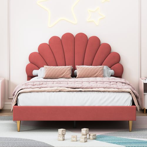 Lit Rembourré 140 X 200 Cm, Lit Double Avec Tête De Lit à Pétales Et Sommier à Lattes, Velours,rouge